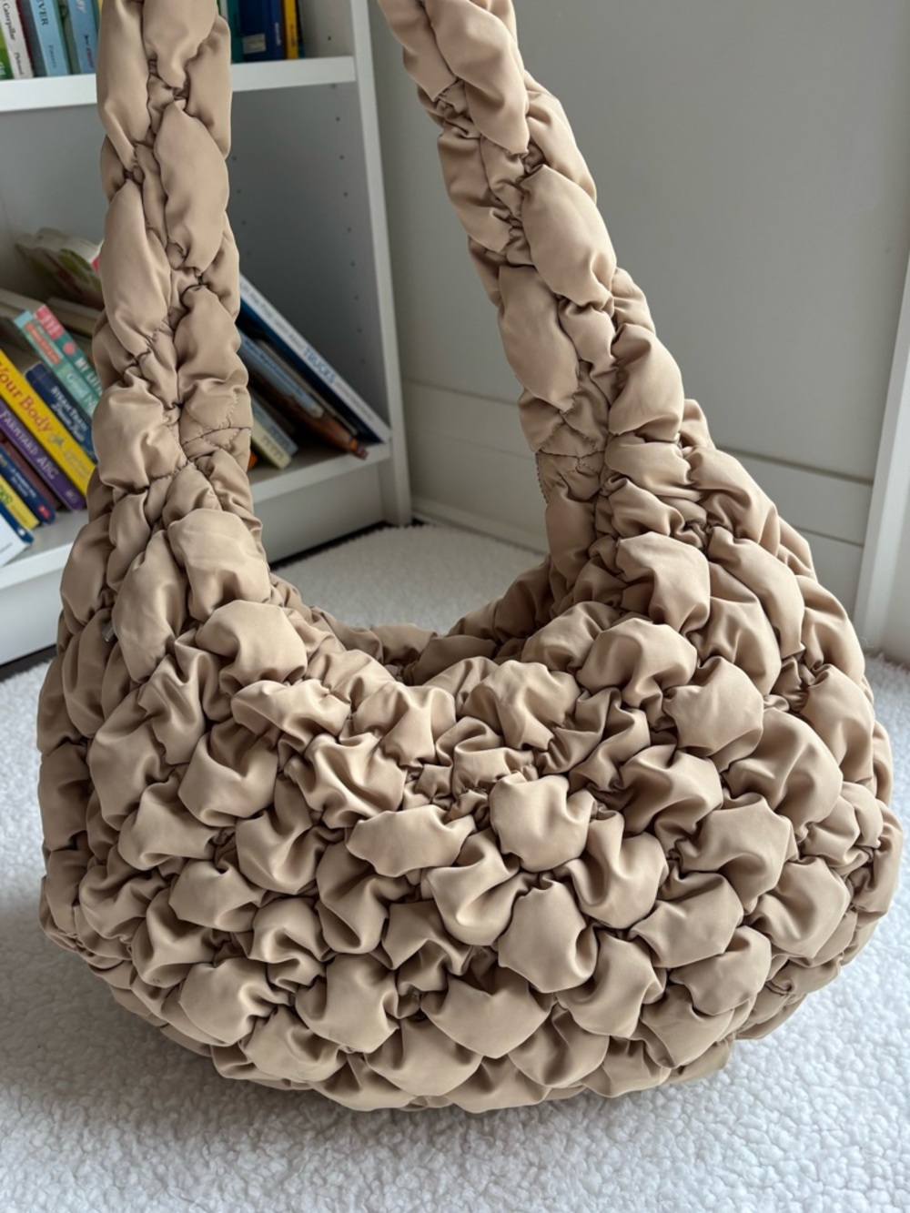 Aritzia Babaton Beige Ruched Quilted Large Shoulder Bag